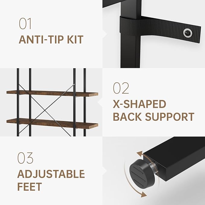 Heavy Duty 4-Tier Industrial Bookcase, 47" Wide Wood Bookshelf for Home Office, 120lbs Shelf Capacity, Rustic Open Shelving Display with Reinforced Horizontal Shelf for Living Room Bedroom