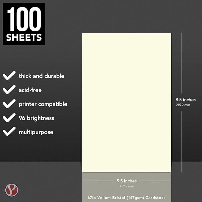 Half Letter Sheets, 8.5 x 5.5" Cream Cardstock for Arts and Crafts, Brochures, Invitations, Stationary Printing, 67lb Vellum Bristol Card Stock – Inkjet or Laser, Thick and Sturdy – 100 per Pack
