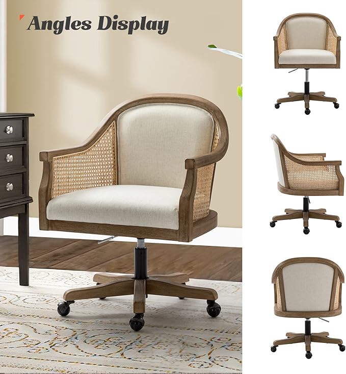 HULALA HOME Rattan Desk Chair, Upholstered Home Office Chair, Vintage Office Chair with Armrest, Adjustable Swivel Rolling Height Task Chair for Living Room Bedroom Study Room, Ivory