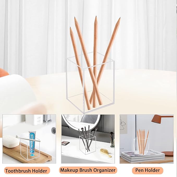 2 Pack Acrylic Pen Pencil Holder, Clear Makeup Brush Holder Cup Storage Office Desktop Desk Table Stationery Organizer