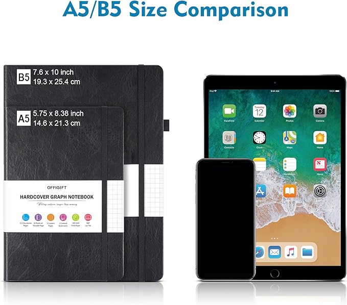 Graph Paper Notebook, 312 Numbered Pages B5 Hardcover Leather Journal, 100gsm No Bleed Grid Paper Notebook with Index Pages, Grid Notebook for Graphing Notes Math, 7.6'' X 10'', Blue