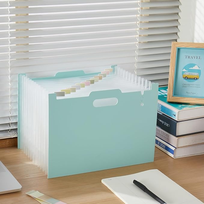 2-Piece Accordion Folder Manager, 12 Grid Expansion Pages, Upright and Open Portable Monthly Bill and Receipt Managers, Color Labels, School, Home, and Office letterhead/A4 Size Green