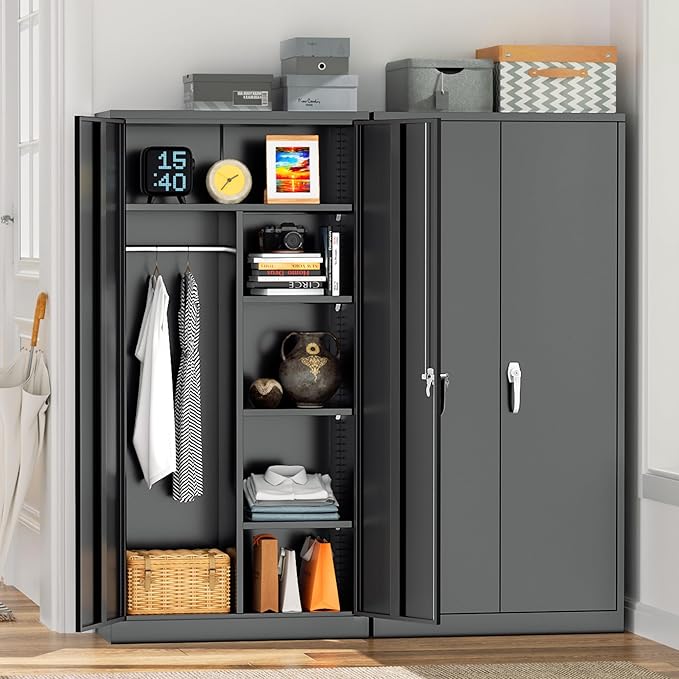 Greenvelly Metal Storage Cabinet with Lock Door,72" Locking Steel Storage Wardrobe Cabinet,Employees Locker Closet Clothing Coat Steel Wardrobe Cabinet with Hanging Rod for Garage,Home Office,Gym