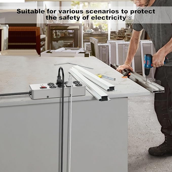 HEZI 20A Power Strip Surge Protector Durable Metal 8-Outlet with Heavy Duty 20 Amp Extension Cord,12 Gauge for Garage,Workshop & Industrial Use with 6-20R T-Slot Outlets,4800J(Grey,10FT)