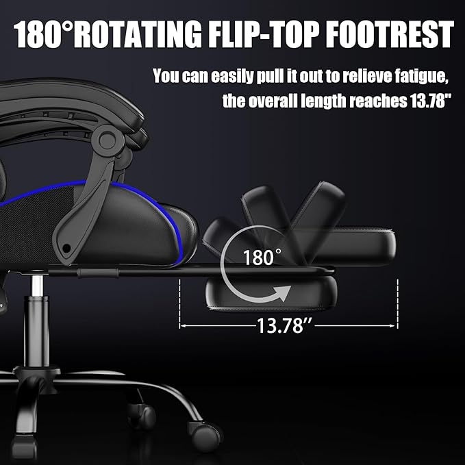 Gaming Chair, Ergonomic Office Computer Chair with Footrest and Lumbar Support Massager Racing Style High Back Video Gamer Chair, Wide&Thick Cushion, 90°-135° Recline, Adjustable Height, Blue