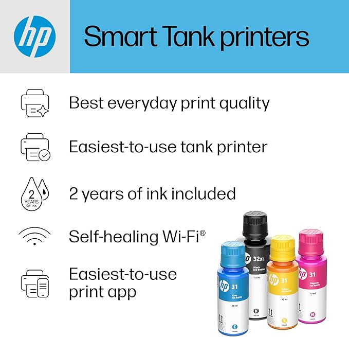 HP Smart -Tank Plus 651 Wireless All-in-One Ink -Tank Printer, up to 2 Years of Ink in Bottles, Auto Document Feeder, Mobile Print, Scan, Copy,, Fax, Works with Alexa (7XV38A)