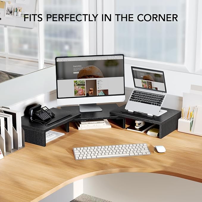 HUANUO Dual Monitor Stand Riser, Adjustable Monitor Stand for Desk with 2 Slot, Desktop Organizer Stand for 2 Monitors, Multi-Purpose Desk Shelf Monitor Stand Riser for Computer, Laptop, PC, Black