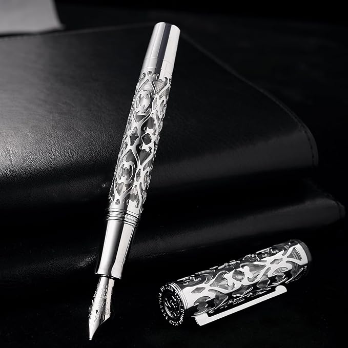 Hongdian D1 Piston Fountain Pen Extra Fine Nib, Hollow Skeleton & Resin Pen with Metal Case Set (Silver)