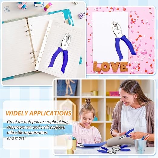 4 Packs Shape Hole Punch Set - 1/4" Circle, Heart, Star, Triangle Puncher with Soft Grip for Binder, Scrapbooking, Cards | Paper Craft Tools with Storage Slot & Reinforcement Stickers (Blue)