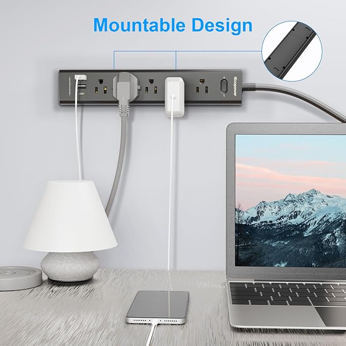 2 Pack Power Strip Surge Protector-5 Widely Spaced Outlets 3 USB Ports(1 USB C Port),1250W/10A with 5Ft Extension Cord, Power Strips with Surge Protection, Wall Mount for Home Office,Black