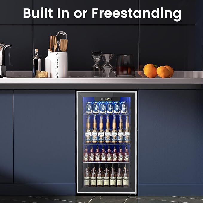 26 Bottle Wine Cooler 130 Can Beverage Refrigerator, Small Freestanding Cabinet Wine Cellar with 40℉-61℉ Temperature Control Glass Door, Black