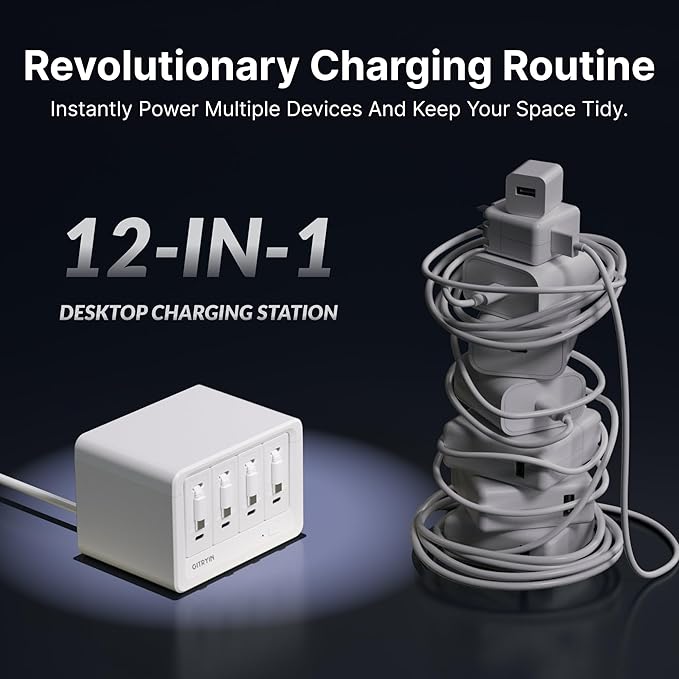 12-in-1 Desktop Charging Station with 4 Retractable Wall Chargers, 40W USB-C Power Strip with 4 AC, 4 USB C, 4 Type-C 31.5in Cables, Extension Cord with 1020J Surge Protection for Home Office