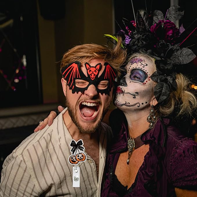 Halloween Badge Reel Retractable Autumn Coquette Pumpkin with Black Bow Acrylic Alligator Clip Halloween Badge Clip ID Card Holder Gifts for Medical Worker Teacher Doctor Cute Halloween Badges Holder