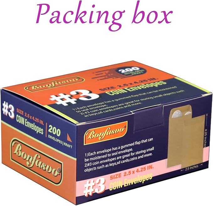 200 Pack #3 Kraft coin envelope 2.5 x 4.25 inches Kraft Envelopes Classic Small Parts Envelopes with Self Adhesive Gummed Flap for Coins Cash Credit Cards Seeds