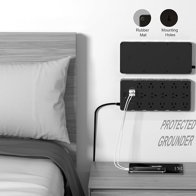 Heavy Duty Surge Protector Power Strip - 25 AC Outlets, 6 USB Ports, 4000J Protection, 6.5ft 14AWG Extension Cord, Flat Plug, Mountable,ETL Listed