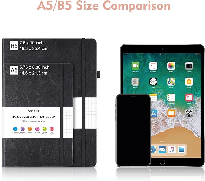 Graph Paper Notebook, 312 Numbered Pages Large A5 Hardcover Leather Journal, 100gsm No Bleed Grid Paper Notebook with Index Pages, Grid Notebook for Graphing Notes Math, 5.75" x 8.38", Pink