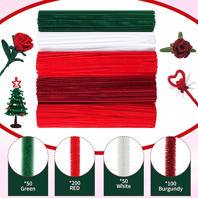 400 Pcs Red Pipe Cleaners for Crafts, 4 Colors Chenille Stems Bulk with Floral Wires, Gardening Tape,Hot Glue Stick,Greeting Card,Bouquet Paper, Pearl & Ribbon, Flowers Craft kit for Christmas