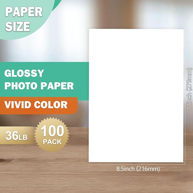 36lb Glossy Photo Paper, 8.5x11, Letter Size, Thin Glossy Photo Paper for Chip Bags, Inkjet, 100 Pack