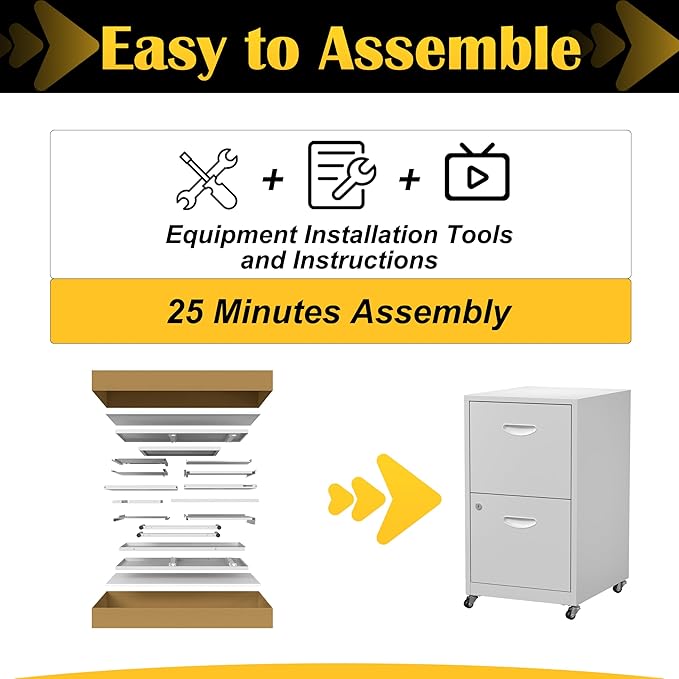 2 Drawer File Cabinet with Lock,White Rolling File Cabinet for Home Office, Metal Small Mobile Filing Cabinets on Wheels for Hanging Letter