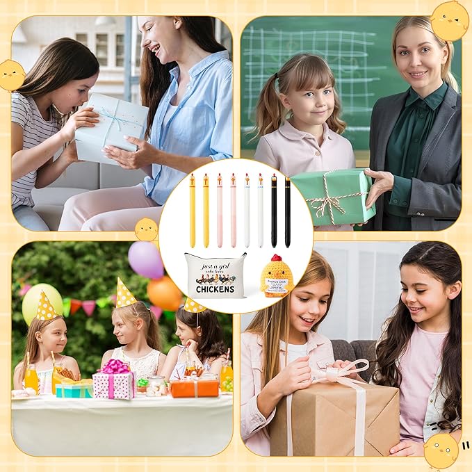 Funny Chicken Gift Accessories - 10Pcs Cute Knitted Chick Stress Relief Stationery Set Lovely Retractable Gel Pens Zipper Organizer Pen Pouch for Kids Birthday Party Gift Student Reward Supply