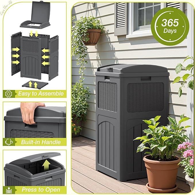 Greesum 33 Gallon Outdoor Trash Can with Lid, Waterproof Resin Garbage Bin for Hideaway, Deck, Patio, Gray