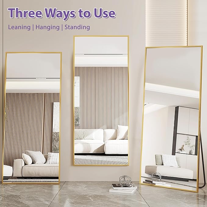 Full Length Mirror, 71"x32" Oversized Floor Mirror Freestanding, Full Body Mirror Floor Standing Mirrors with Stand, Hanging Mounted Mirrors for Bedroom Living Room, Gold, Rect Style