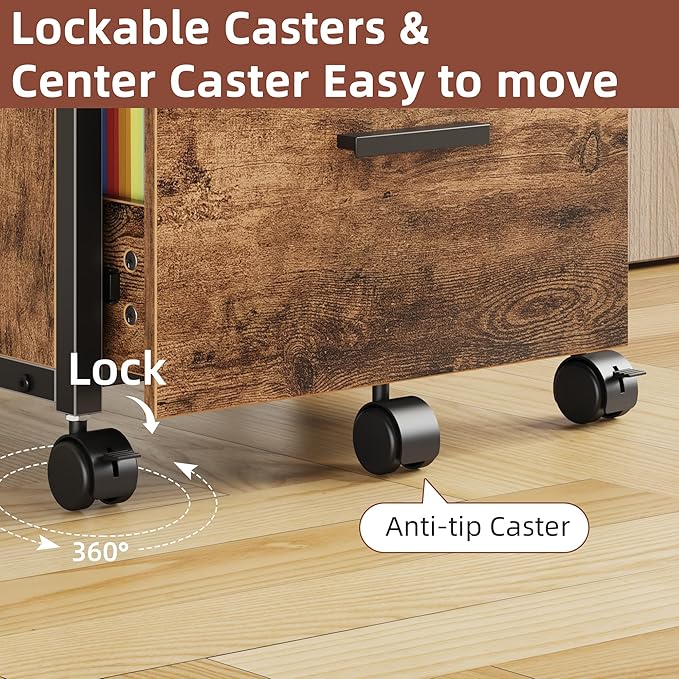 2 Wood Drawer Lockable File Cabinet with 22'' Extended Desktop, Mobile Filing Cabinet with Side Bag, Rolling Printer Stand, Fits A4&Letter Size, Home Office, Rustic Brown