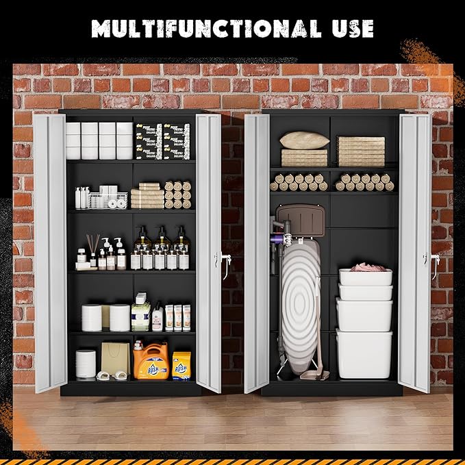 Greenvelly Metal Garage Storage Cabinet with Lock, 72”Metal Storage Cabinet with 2 Doors and 4 Adjustable Shelves, Steel Tool Cabinet for Garage,Home Office, School,Gym (Black Grey)