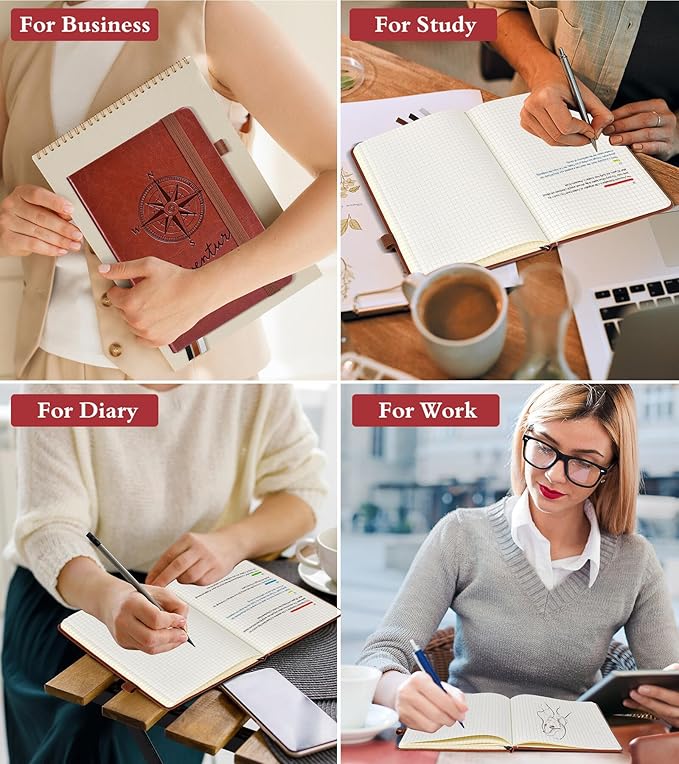 Graph Notebook for Women Men, 160 Pages Grid Paper Journal, A5 Hardcover Vintage Leather Graphing Notebooks for School, Work, College Ruled, Inner Pocket, 5.8"x8.5" (Brown)