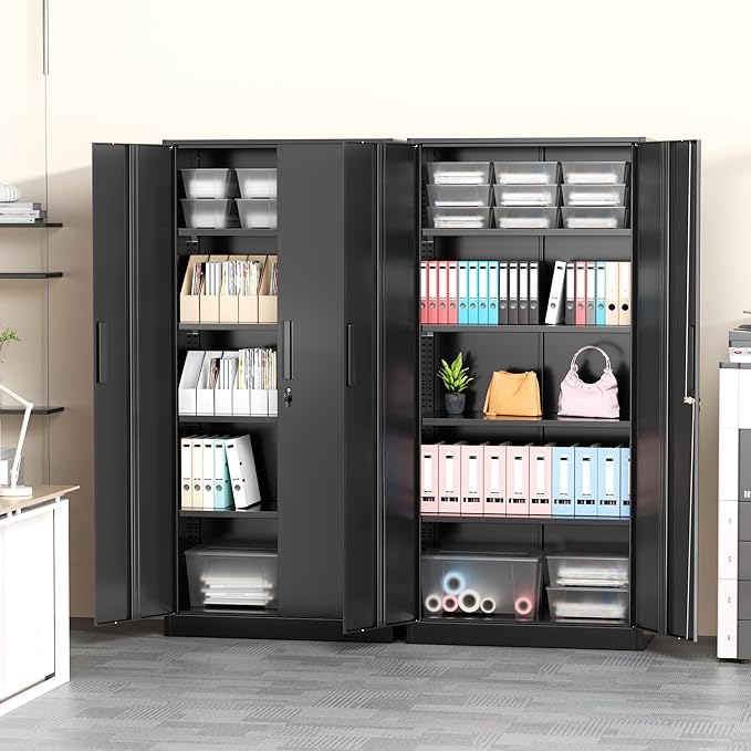 Greenvelly Metal Storage Cabinet with Lock, 72” Black Garage Storage Cabinet with Doors and Shelves, Tall Lockable File &Tool Cabinet for Home Office, Metal Classroom Cabinet Basement