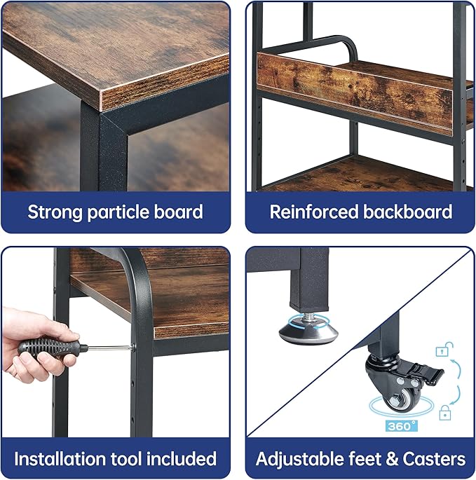 32.3" Wide Extra Large Printer Stand, 3 Tier Printer Table with Adjustable Storage Shelf, Rolling Printer Cart with Industrial Wheels for Home Office, Rustic Brown