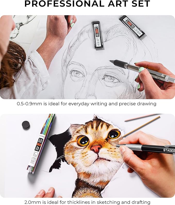 30PCS Art Mechanical Pencil Set with Leather Bag, Metal Artist Lead Pencil 0.5, 0.7, 0.9 mm, 3PCS 2mm Sketching Pencil (4H 2H HB 2B 4B 6B Color) with 464PCS Graphite Lead Refills for Drawing