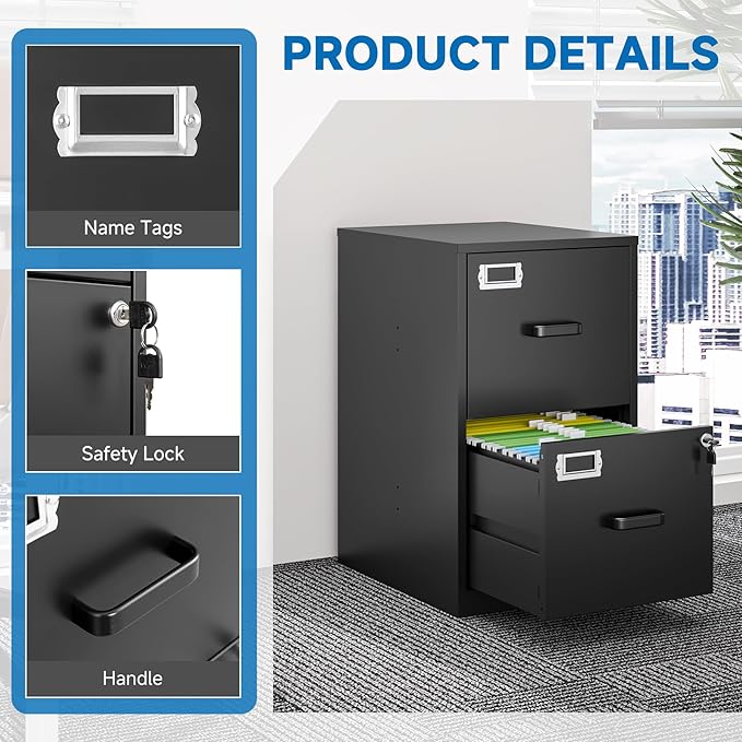 2 Drawer File Cabinet with Lock Vertical Filing Storage Cabinet Office Home Steel Vertical File Cabinets for Letter Size File Cabinet Locked,Assembly Required