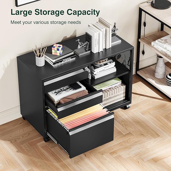 3 Drawer Metal File Cabinet with Lock,Mobile Lateral Filing Cabinet,Printer Stand Storage Cabinets with Shelves for Home Office(Black)