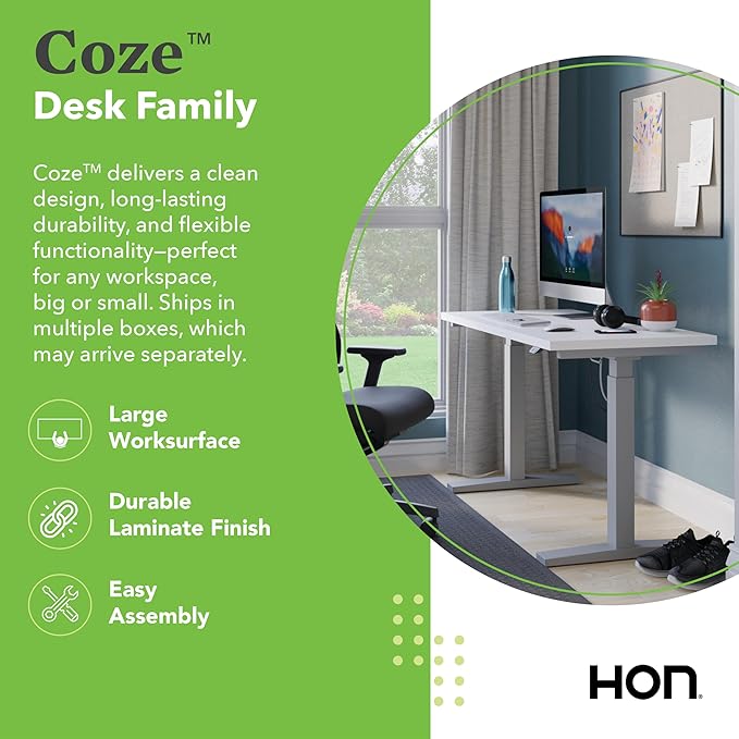 HON Coze Electric Standing Desk Adjustable Height, Coordinate Height Adjustable Desk, 54", White Top, Black Base