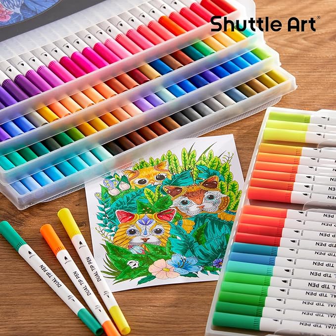 120 Colors Dual Tip Brush Marker Pens with 1 Coloring Book, Fineliner and Brush Dual Tip Markers Set, Water-based Ink Perfect for Kids Adult Artist Calligraphy Hand Lettering Journal Doodling Writing