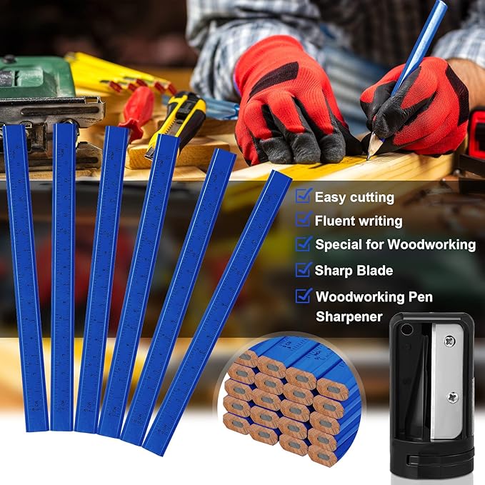 Honoson 200 Pcs Flat Construction Pencils with Printed Ruler Wood Graphite 2 Pcs Carpenter Pencil Sharpener for Woodworking Marking Tool(Blue)