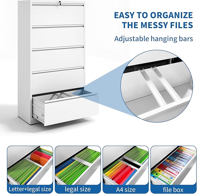 5 Drawer Lateral File Cabinet with Lock, File Cabinets for Home Office Legal/Letter A4 Size, File Cabinet Storage Cabinet, Require Assembly, White