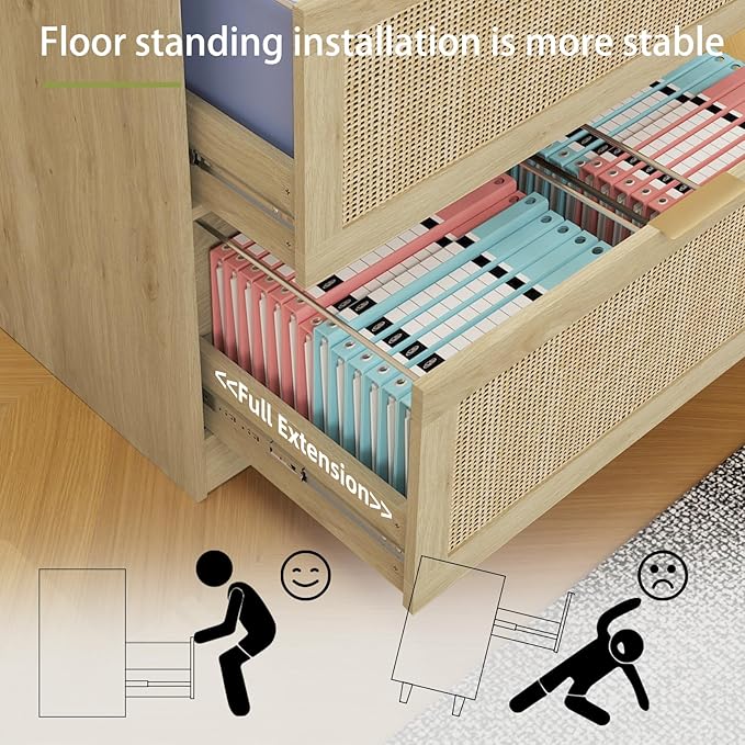 HOPUBUY 2 Drawer File Cabinet with Lock, Printer Stand Lateral Filing Cabinets for Home Office and School, Wood Rattan File Cabinet for Hanging Files/Letter/Legal/A4/F4 Size, Oak