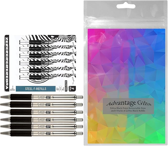 Zebra F-402 Ballpoint Stainless Steel Retractable Pens with Refills, Fine Point, 0.7mm, Black Ink, 12-Count Bundle with Plastic Reusable Pouch