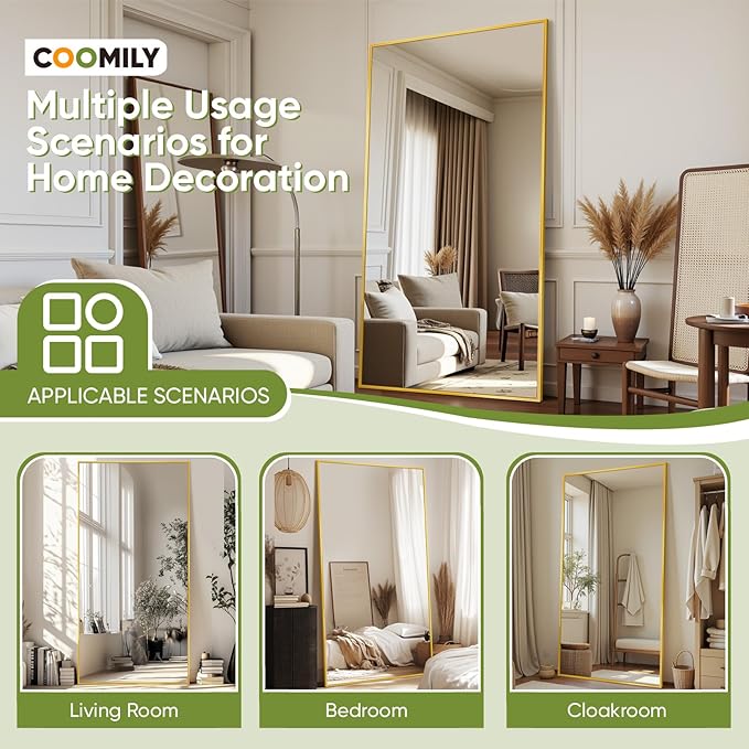 Full-Length Floor Mirror with Stand, 58"x21" Rectangle Style Full Body Standing Mirror for Bedroom, Living Room, Gym, Dorm - Shatter-Resistant & Easy Assembly, Gold