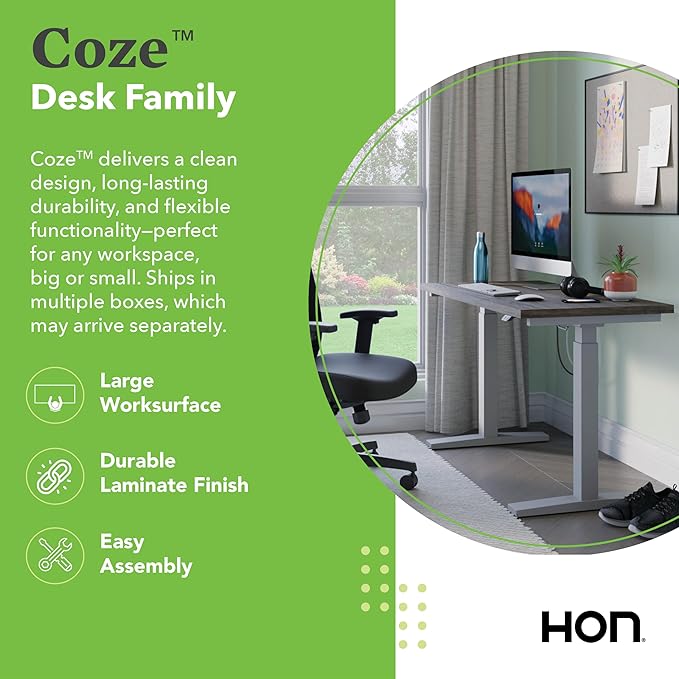 HON Coze Electric Standing Desk Adjustable Height, Coordinate Height Adjustable Desk, 54", Walnut Top, Silver Base