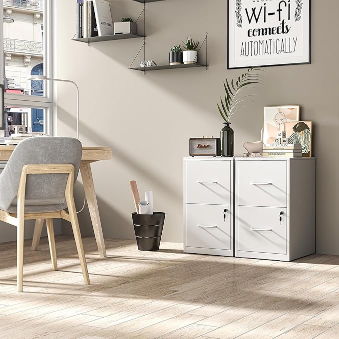 2 Drawer File Cabinet with Lock, Vertical File Cabinet with Lock, Locking File Cabinet Hanging Files for A4/ Legal/Letter,White