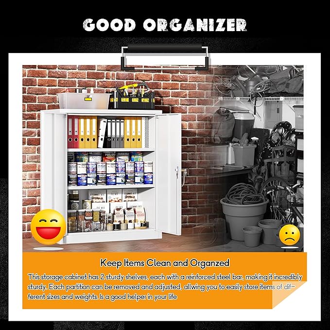 Greenvelly Metal Garage Storage Cabinet, Lockable Metal Cabinets with 2 Doors and Shelves,36”Steel Storage Locking Counter Cabinet for Office,Garage,Kitchen,Home,School(White)