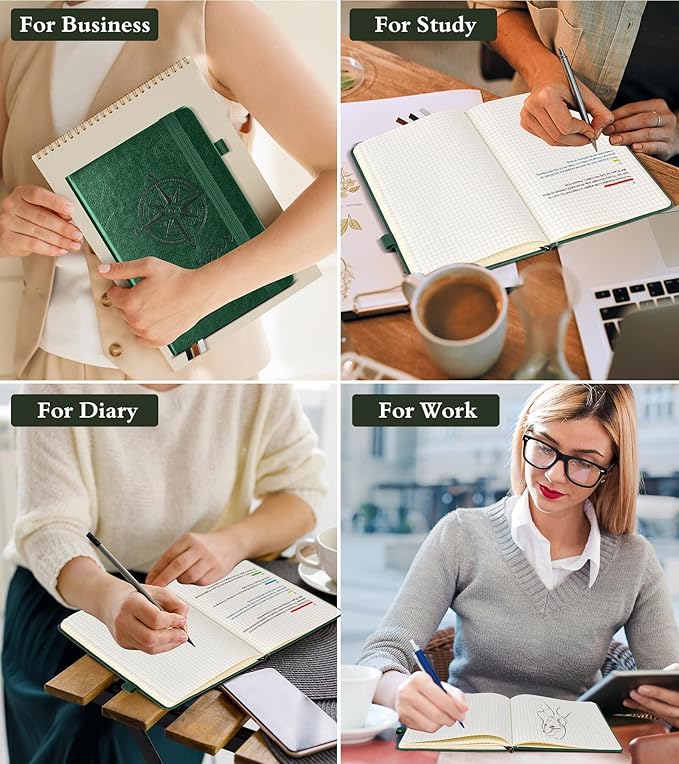 Graph Notebook for Women Men, 160 Pages Grid Paper Journal, A5 Hardcover Vintage Leather Graphing Notebooks for School, Work, College Ruled, Inner Pocket, 5.8"x8.5" (Green)