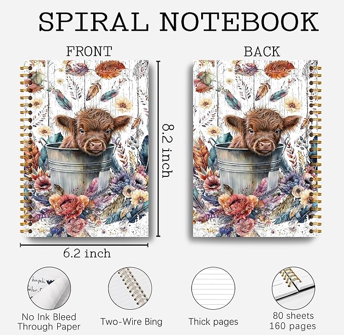Highland Cow Notebook Journal - 5.5×8.3 Floral Spiral Journal Notebook, Highland Cow Gifts, Cow Gifts for Cow Lovers, Cow Gifts for Women, 164 Pages