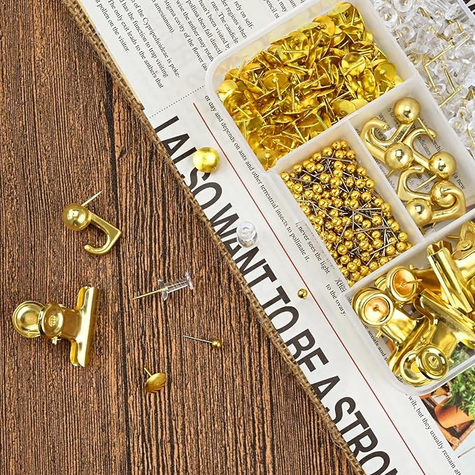350 Pcs Gold Push Pins Set 5 Styles Decorative Thumb Tacks Assorted Push Pins for Bulletin Board, Cork Board