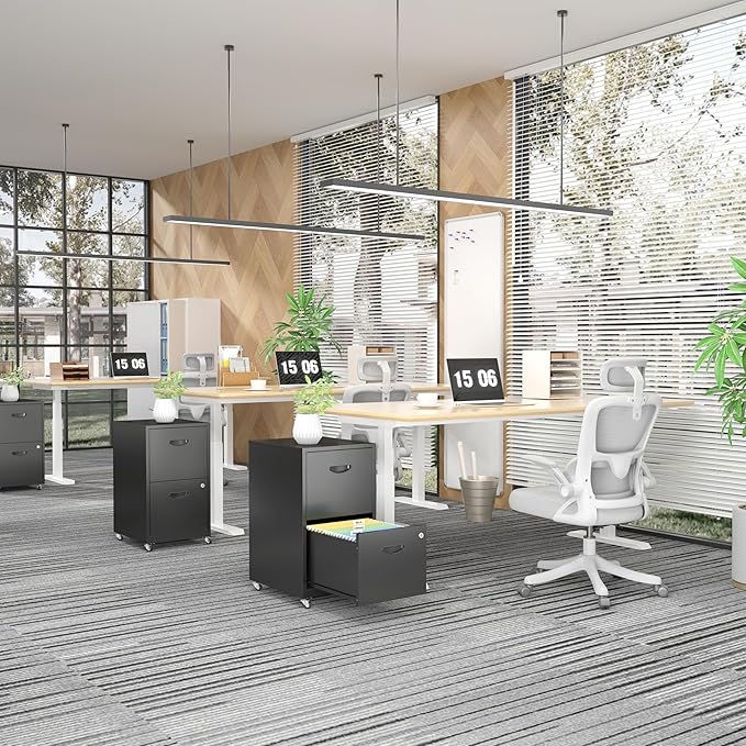 2 Drawer File Cabinet with Lock,Black Rolling File Cabinet for Home Office, Metal Small Mobile Filing Cabinets on Wheels for Hanging Letter