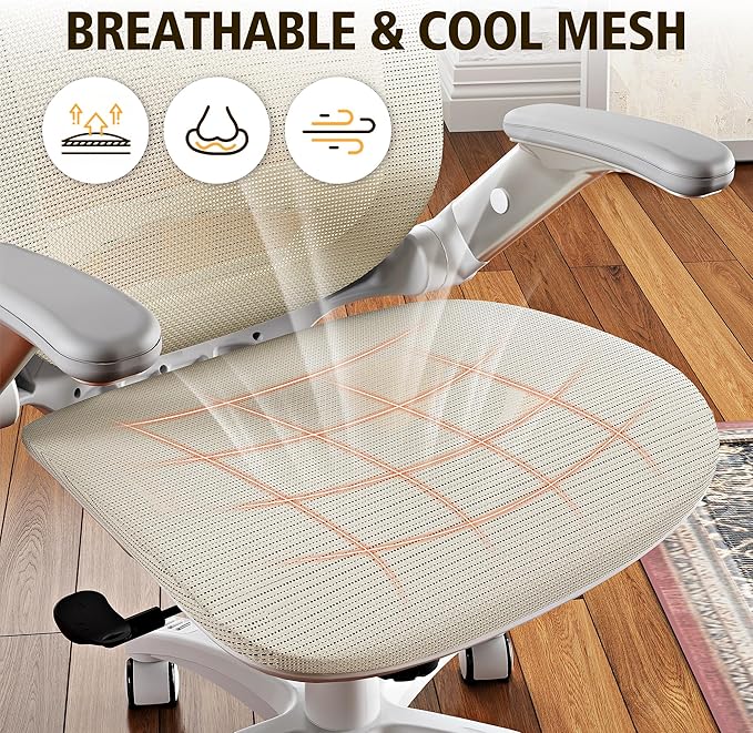 GABRYLLY Ergonomic Office Chair, High Back Home Desk Chair with Headrest, Flip-Up Arms, 90-120° Tilt Lock and Wide Cushion, 400LBS Mesh Chairs for Man Woman, White Task Chair(Beige,GY01WBG)