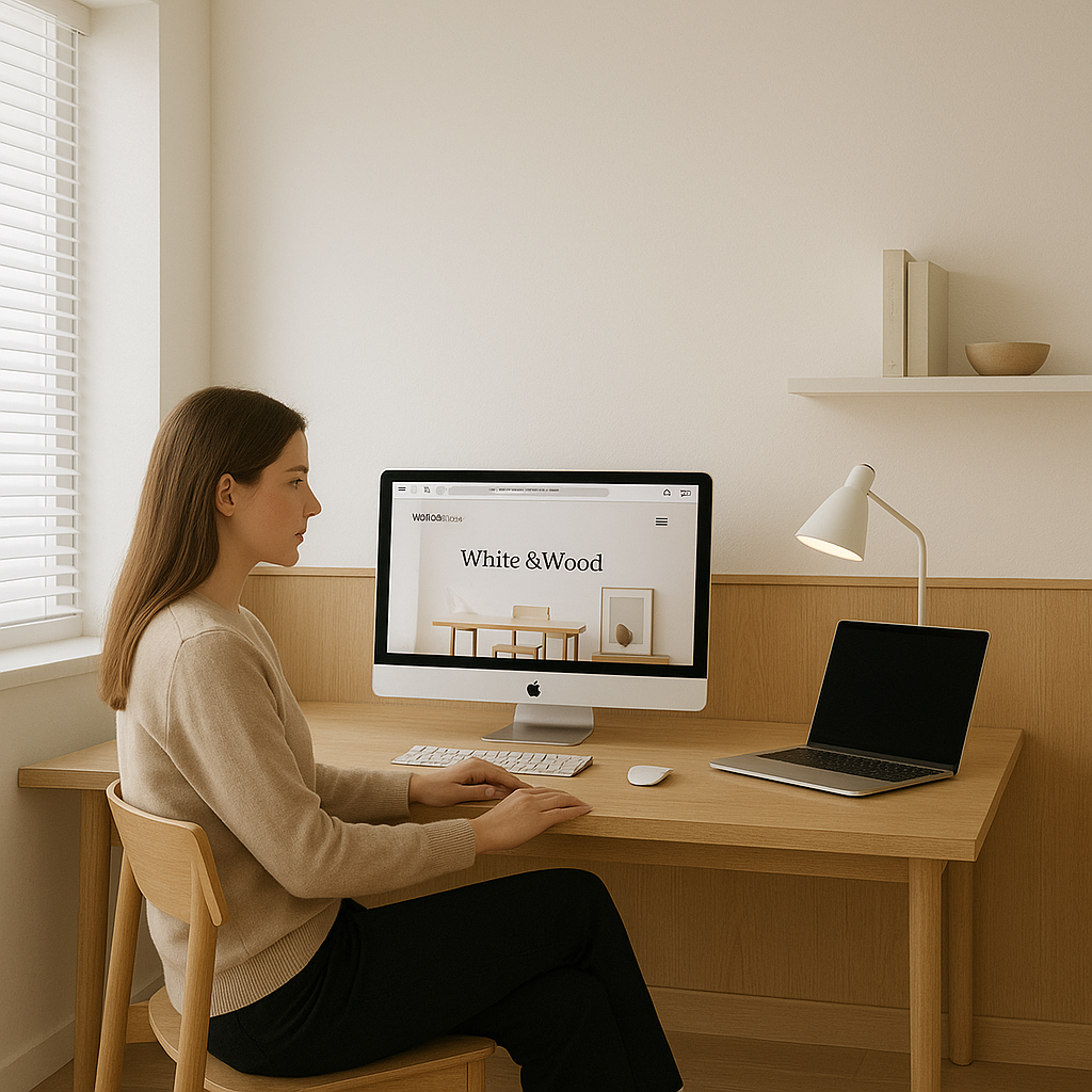 Blocking Visual Noise: Achieving a Calm and Modern Office Interior with 'White &amp; Wood'